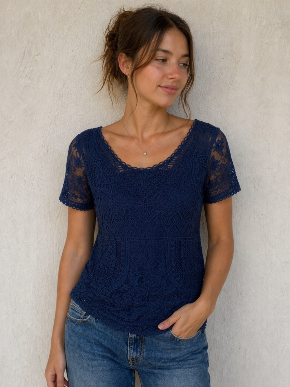 Anthropologie Meadow Rue Navy Lace Short-Sleeve Top
